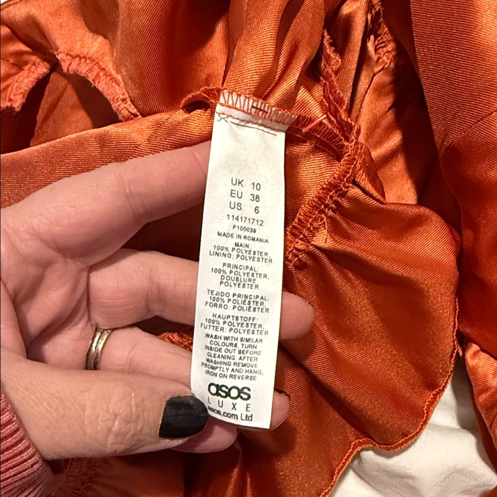 Asos Luxe Satin Babydoll Blouse Ruffle Blouson Sleeve Cinnamon Long Size 6 NWT - Picture 11 of 12